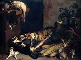 Painting of Dog Fighting Cat Painting of Dog Fighting Cat