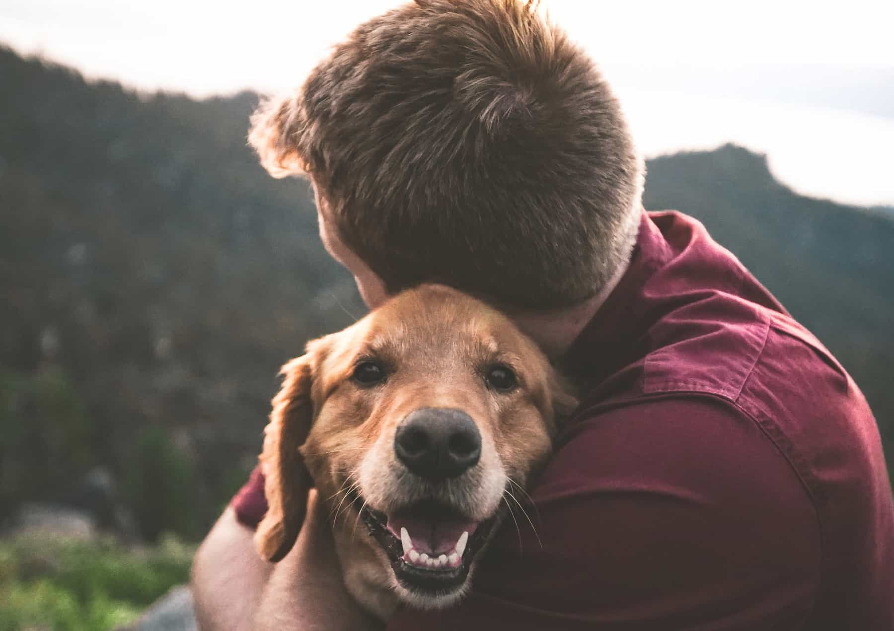 man hugging dog